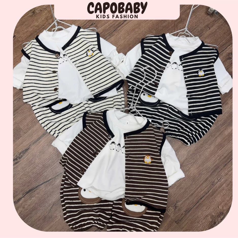 Bộ Quần Áo Thu Đông 3 Món CapoBaby Cho Bé Trai Bé Gái Áo Dài Tay Ghi Lê Kẻ Kèm Quần Dài Hình Chim Cánh Cụt(NB78)