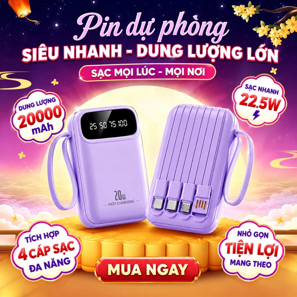 Pin Dự Phòng 20000mAh Sạc Nhanh – Dung Lượng Lớn, Mini Nhỏ Gọn, Tiện Lợi Cho Điện Thoại