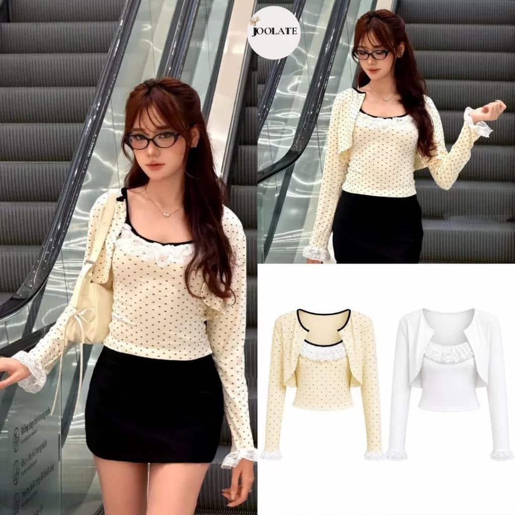 Set 2 Món Áo 2s Dây Kèm Cardigan Nữ Phối Ren, Set Áo Nữ 2 Món Mỏng Mềm Co Dãn 4 Chiều Thu Đông SetA63