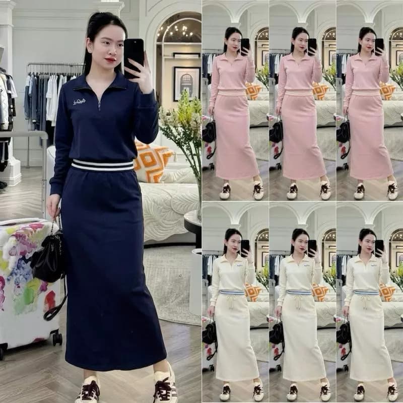 HT83. [BỘ THÊU ] Sét chất umi lạnh mềm, dày áo dài tay+ chân váy dài.
