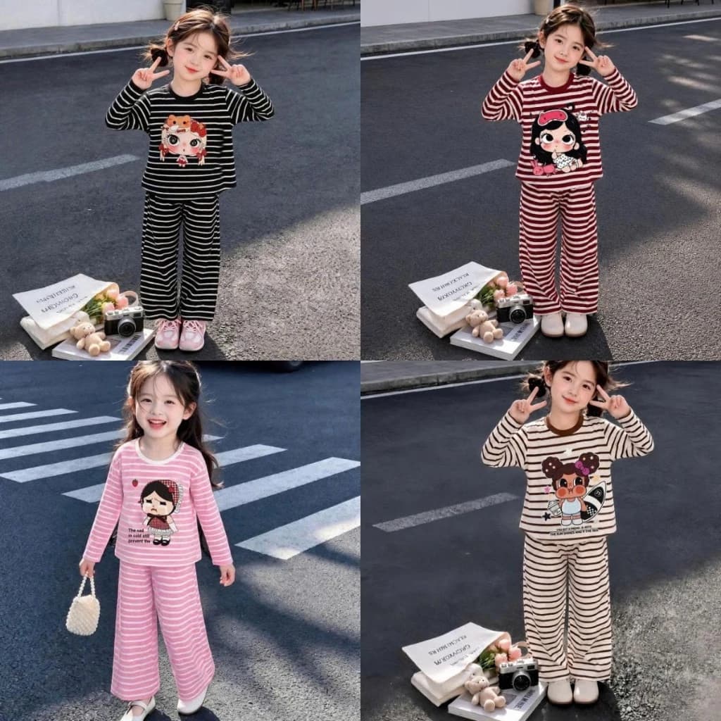 [14-44kg]{Hàng bozip đẹp} Set bộ áo dài quần xuông thu đông kẻ sọc nhiều màu sắc,in hoạ tiết 5D hình dễ thương BỘ HH