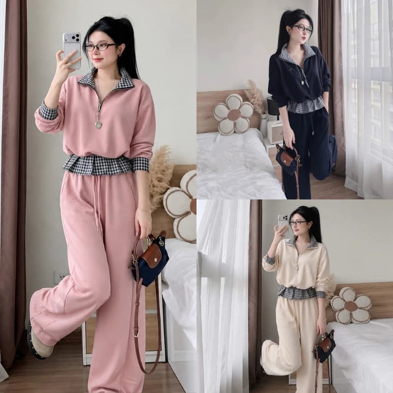 Set Bộ Thu Đông Áo Nỉ Dài Tay Cổ Kéo Khóa Phối Caro Mix Quần Ống Rộng Cạp Chun Siêu Xinh MS163