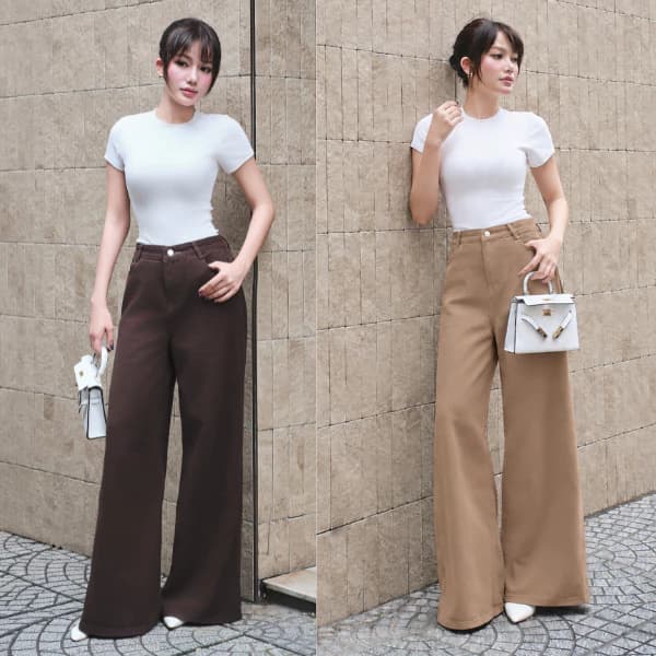 Quần Jean Nữ Màu Nâu Ống Rộng Loe 33CM Lưng Cao Tôn Dáng JD057