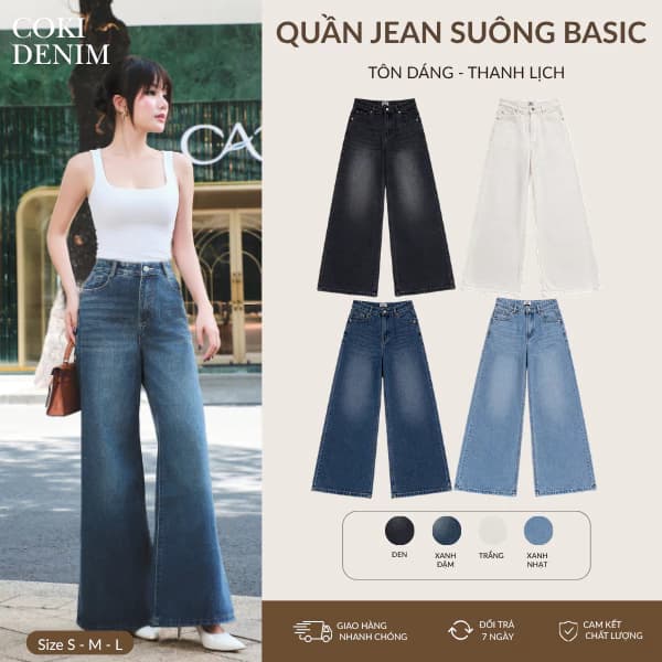 Quần Jean Nữ Suông Ống Loe Rộng Lưng cao Tôn Dáng