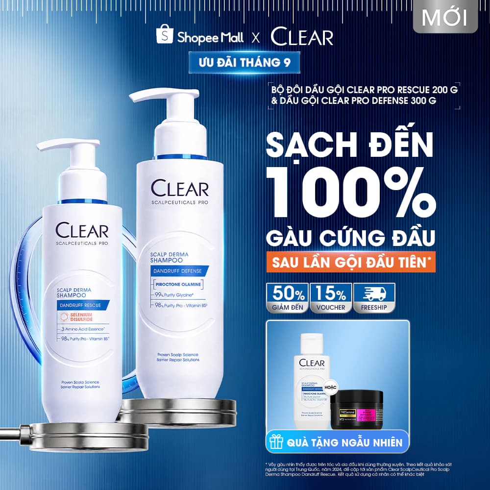 [MỚI] Bộ Đôi Dầu Gội Clear Pro Sạch Gàu Cứng Đầu Đến 100%, Ngăn Gàu Quay Lại, Sạch Dầu Thừa & Giúp Tóc Trông Dày Hơn