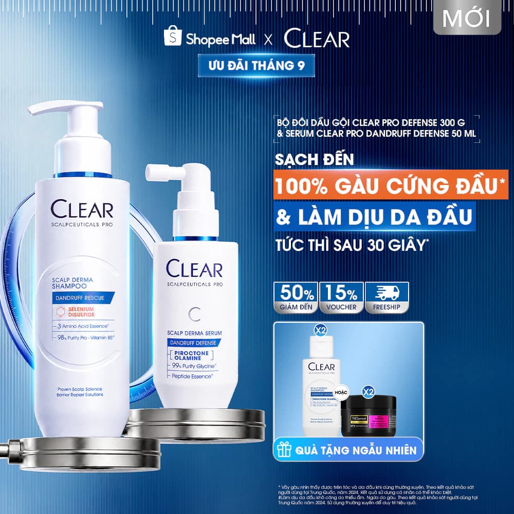 BỘ ĐÔI CHUYÊN DỤNG DẦU GỘI VÀ SERUM CLEAR GIÚP NGĂN GÀU VƯỢT TRỘI, CẤP ẨM & LÀM DỊU DA ĐẦU 200G 50ML