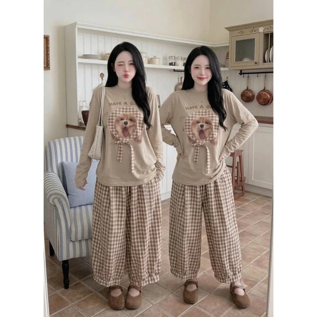 Set Bộ Đồ Nữ Áo Thun Giấy Nâu Dài Tay In Cún Đội Khăn Nơ Kẻ Mix Quần Suông Dài Kẻ Caro Nâu Be Ống Rộng