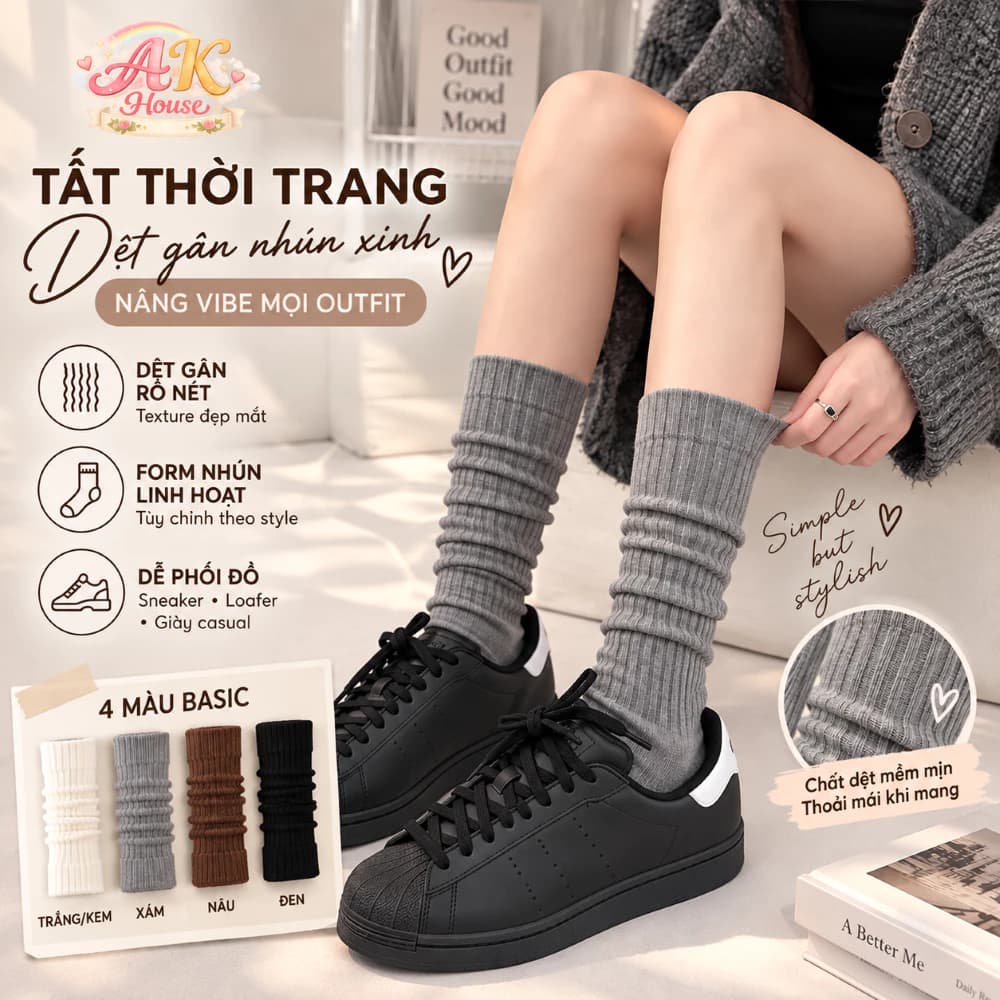 Tất nữ AK House ống dài dệt gân nhún phong cách Hàn Quốc K-Fashion TC7