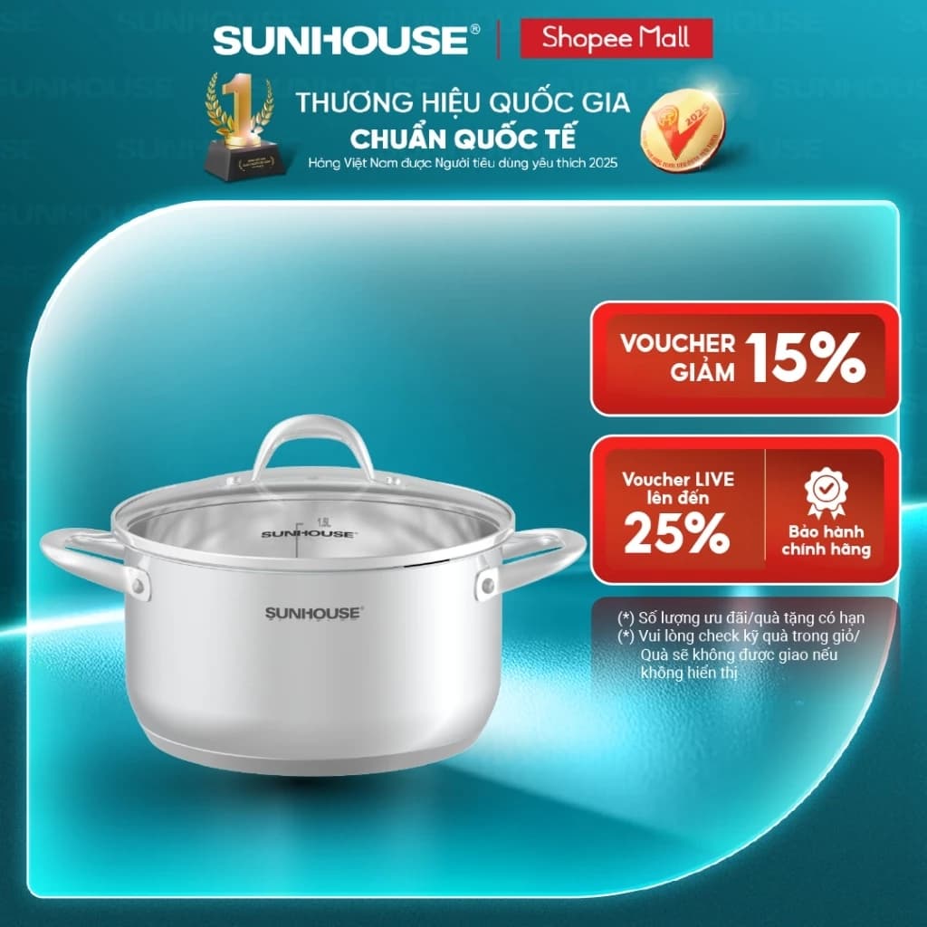 Nồi Inox 3 đáy Sunhouse SHG301 - 16/20/24/28cm - Dùng cho mọi loại bếp - Đáy 3 lớp - Hàng chính hãng