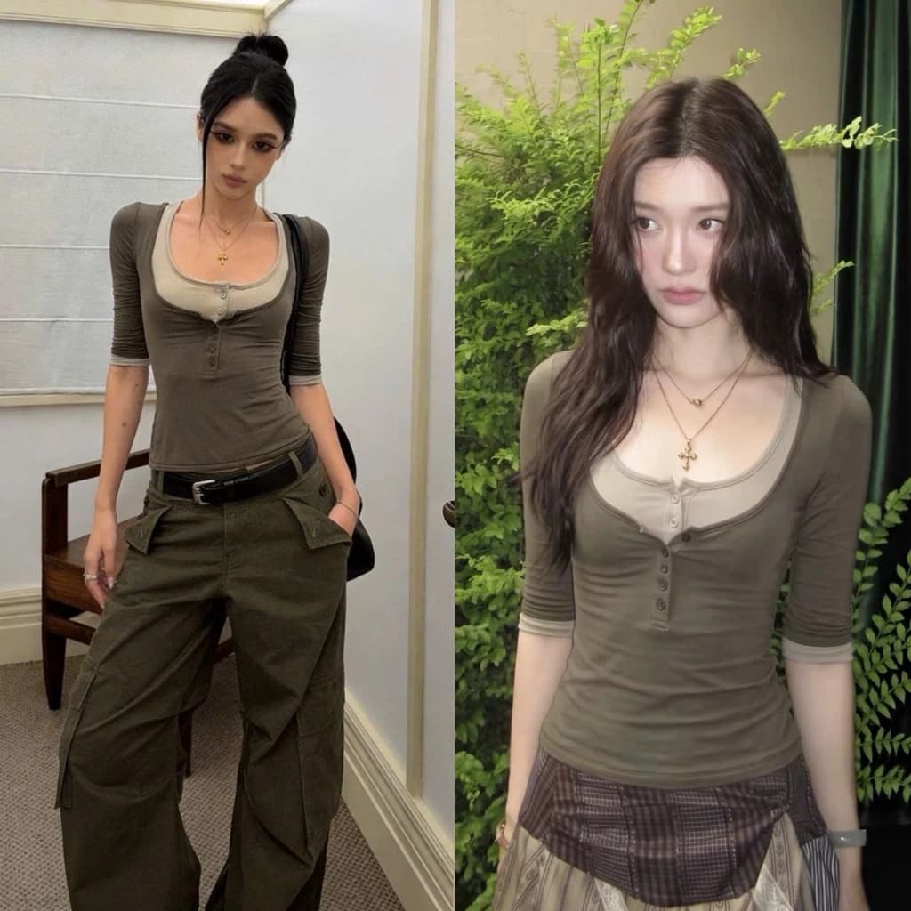 Áo thun ngắn tay lỡ dáng ôm màu xanh layer cổ ghi chất cotton mùa thu ATNT043 - TikTik