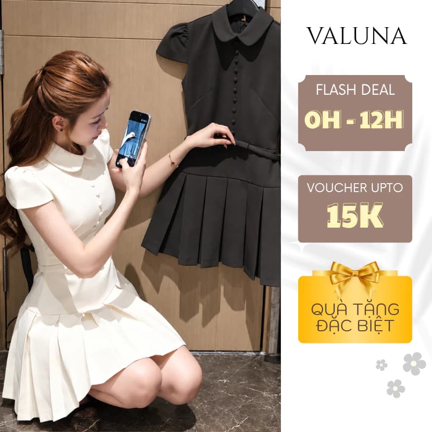 Váy cổ sen cúc bọc chân ly xếp dáng ngắn nữ tính thanh lịch tôn eo sang trọng VALUNA STORE 2779