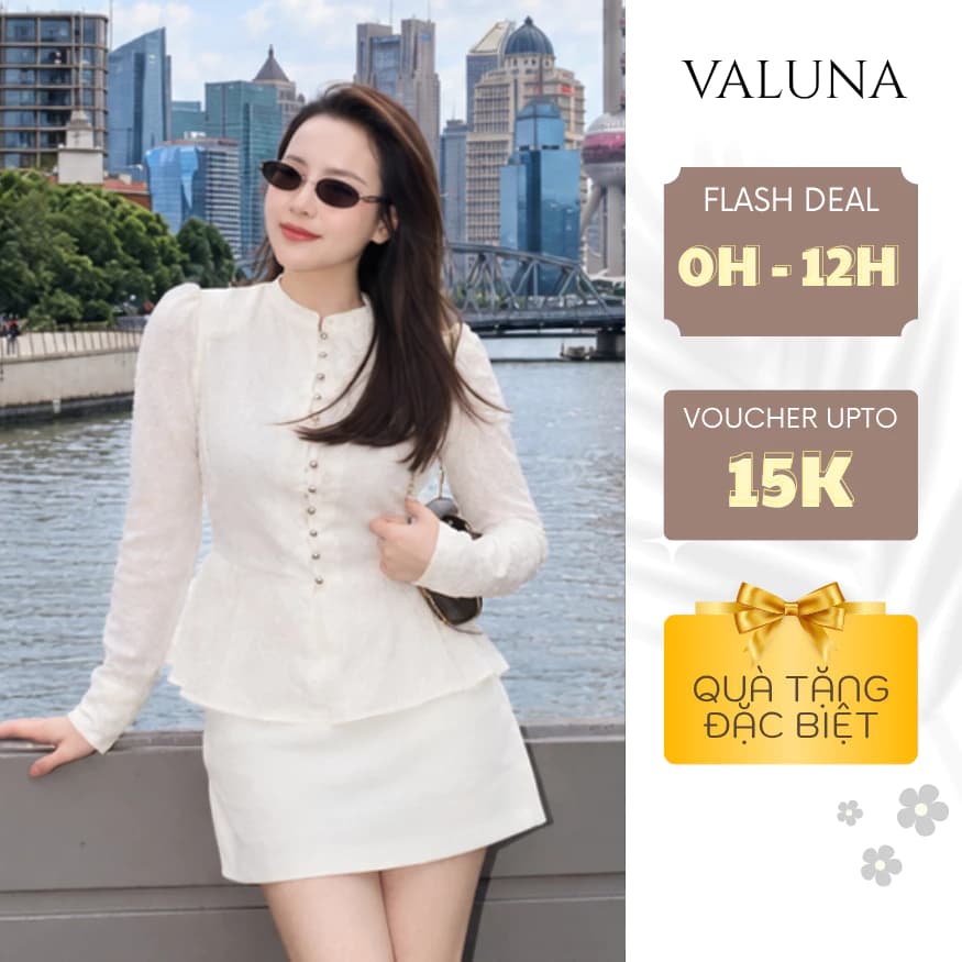 Set ren dài tay bồng eo phối chân váy ngắn nữ thanh lịch tôn dáng sang trọng VALUNA STORE 2780