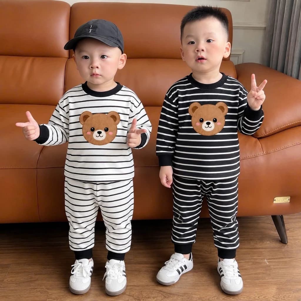 bộ kẻ gấu thu đông cho bé trai bé gái chất liệu thun cotton co giãn thoa mái size 8-20kg QC 50