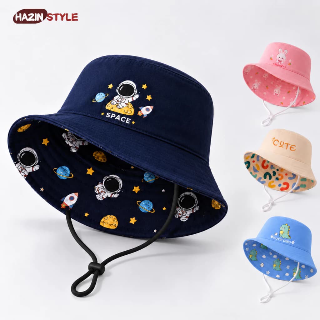 Mũ Vành Rộng Cho Bé 1-3 Tuổi, Bucket Hai Mặt Đổi Kiểu, Dây Giữ Mũ, Chất Vải Mềm Nhẹ