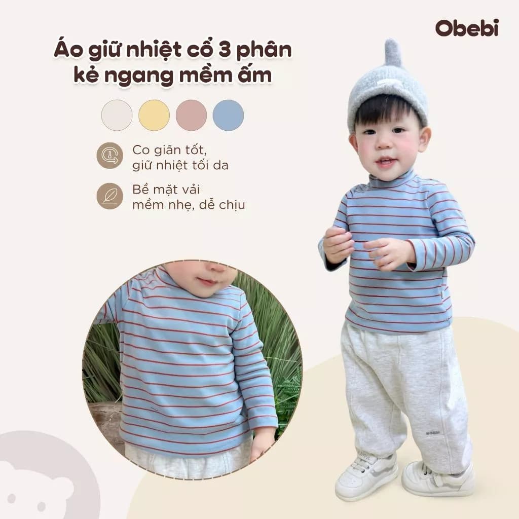 Áo Giữ Nhiệt Kẻ Ngang Cổ 3 Phân Thời Trang Thu Đông Cho Bé Trai Bé Gái từ 8-22kg Obebi A613