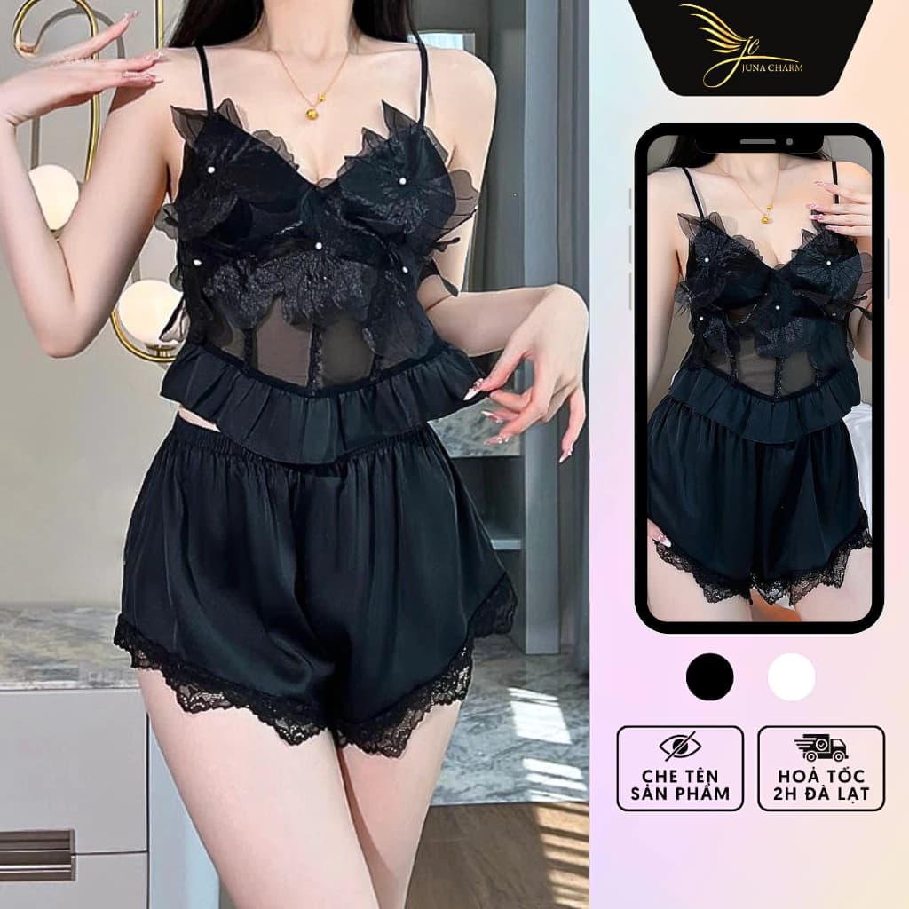 Bộ Ngủ 2 Dây Quần Đùi, Đồ Mặc Nhà JUNA Freesize Thời Trang Đồ Ngủ Dành Cho Nữ, Chất Vải Lụa Phối Ren Voan, Màu Đen/SP309