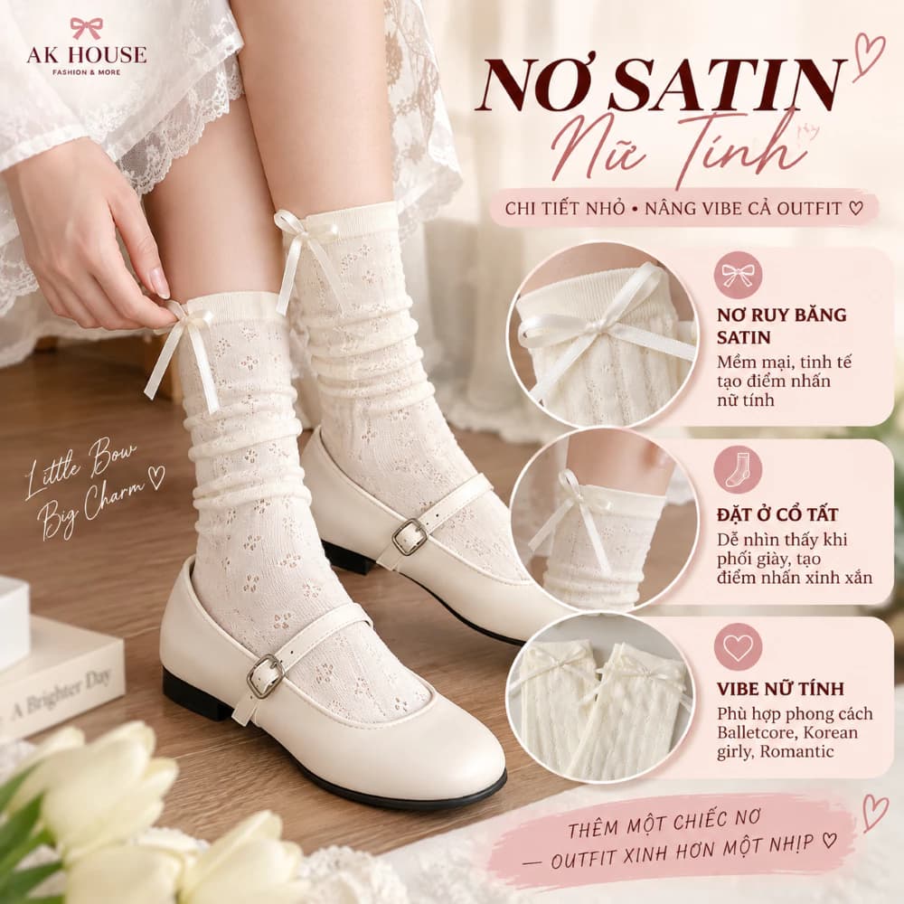 Tất Nữ TC8 Cổ Trung Đính Nơ Satin Họa Tiết Dệt Mỏng Phong Cách Hàn Quốc Balletcore AK HOUSE
