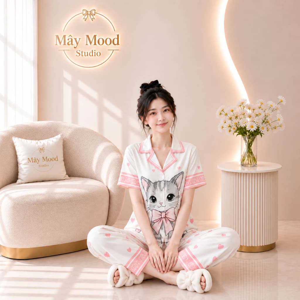 Pyjama Nữ Dễ Thương Cộc Dài Chất Lụa Mềm Mịn Màu Trắng Hồng Cá Tính Tiểu Thư Full Size 40-68kg