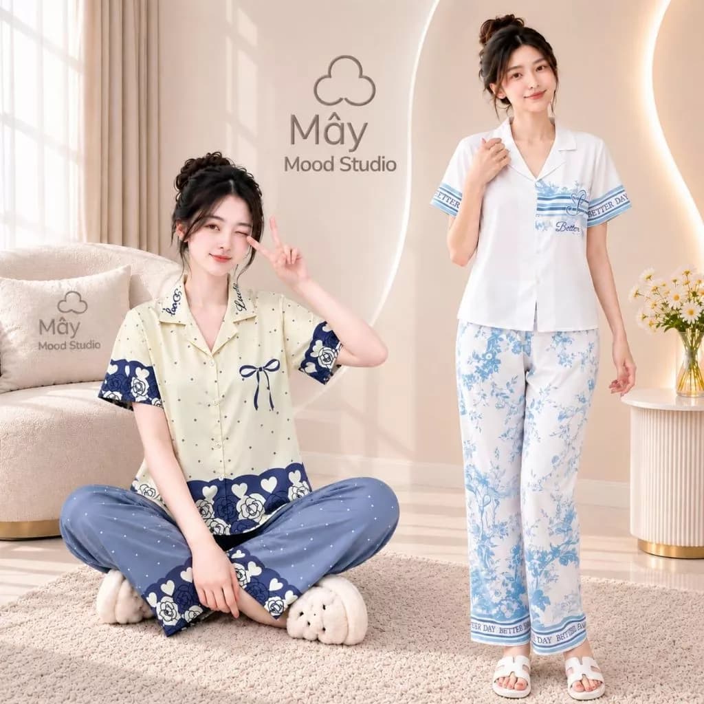 Đồ Bộ Mặc Nhà Dễ Thương Cho Nữ Pyjama Cổ Bẻ Cộc Dài Chất Lụa Thoáng Mát Họa Tiết In 3d Size 40-68Kg