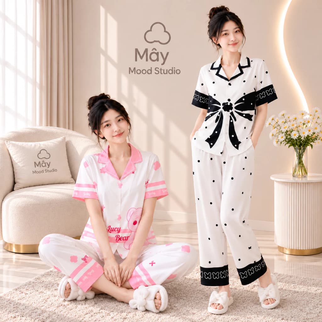 Bộ Pyjama Nữ Cổ Bẻ Cộc Dài Chất Liệu Lụa Cát Họa Tiết In 3d Dễ Thương Cá Tính Tiểu Thư Size 40-68kg