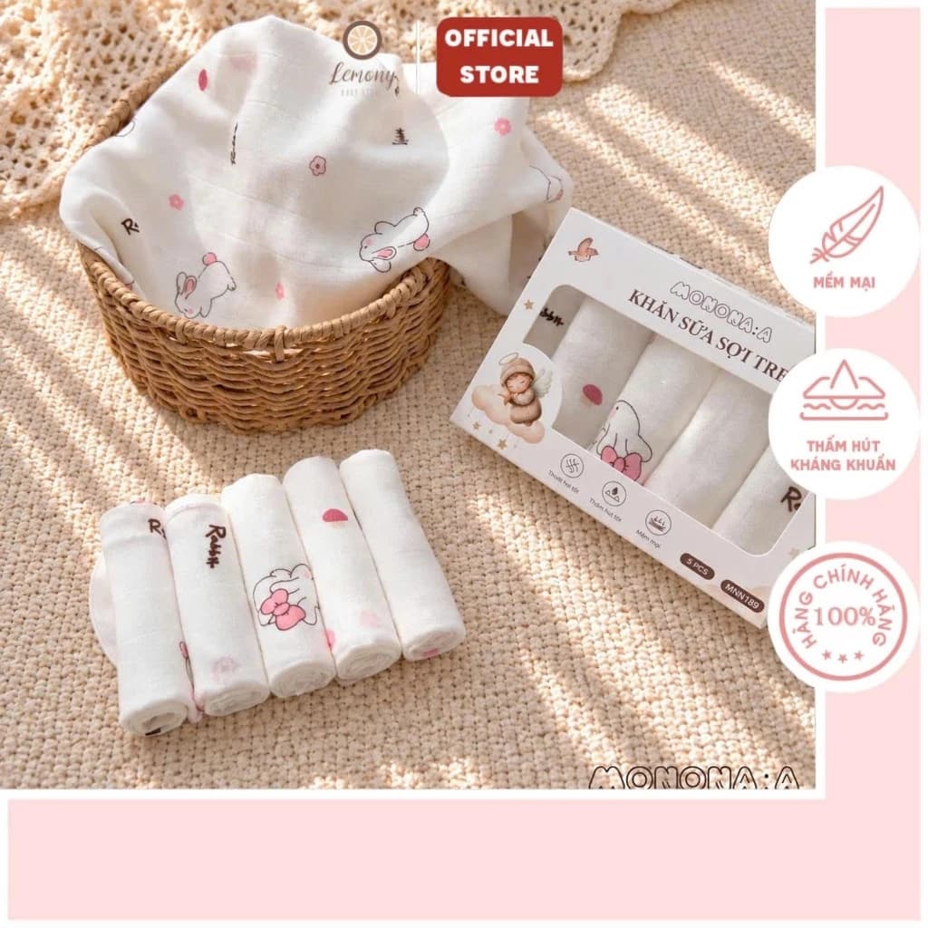 Set 5 khăn sữa cho bé 30*30cm Monona, chất liệu Organic mềm mại, thấm hút, kháng khuẩn
