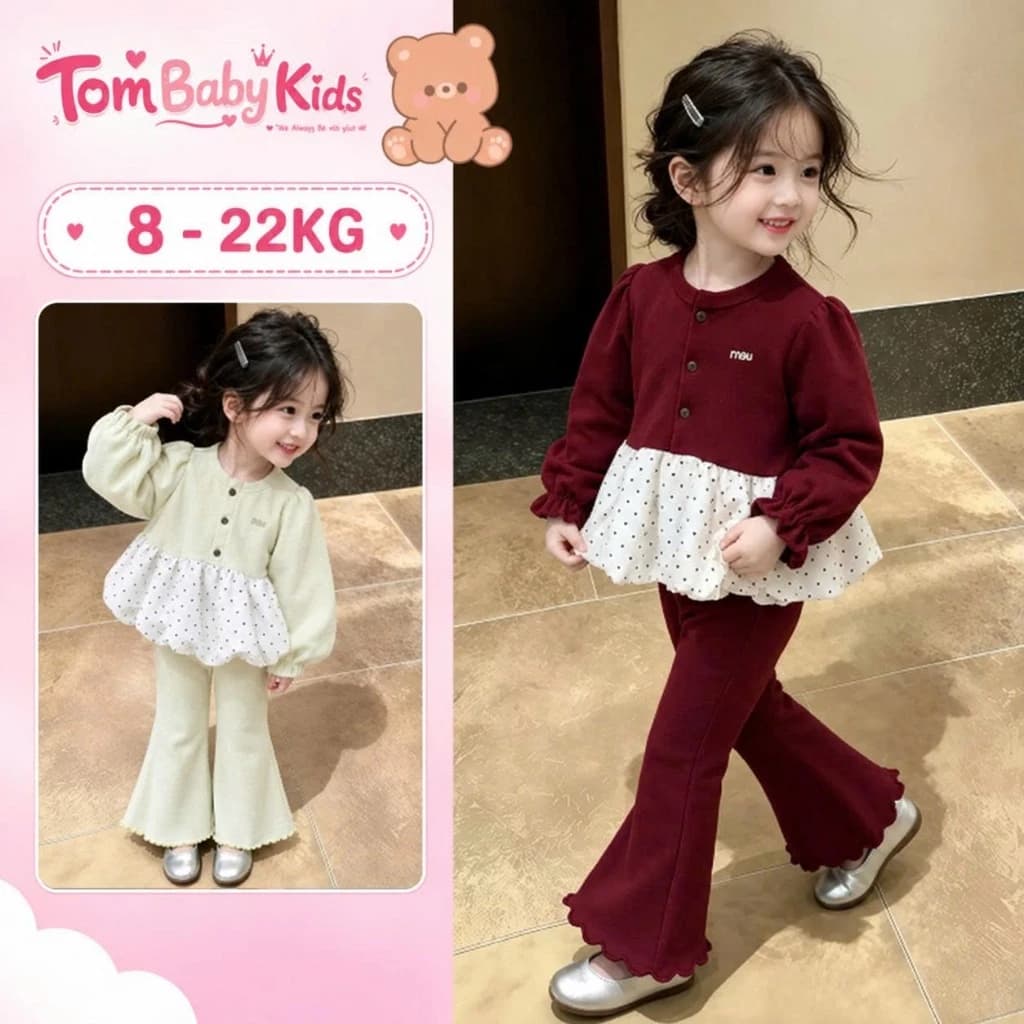 Bộ quần áo thu đông bé gái, set đồ bé gái len lông thỏ phối áo ren chấm bi mix quần bó ống loe đô vàng cho bé gái 8-22kg