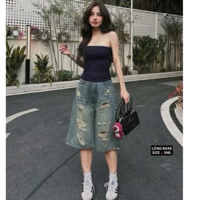 [LOAI 1] Quần Jeans Ngố Dáng lửng 62cm cạp trước khoá sau chun mặc thoải mái rách te tua phong cách