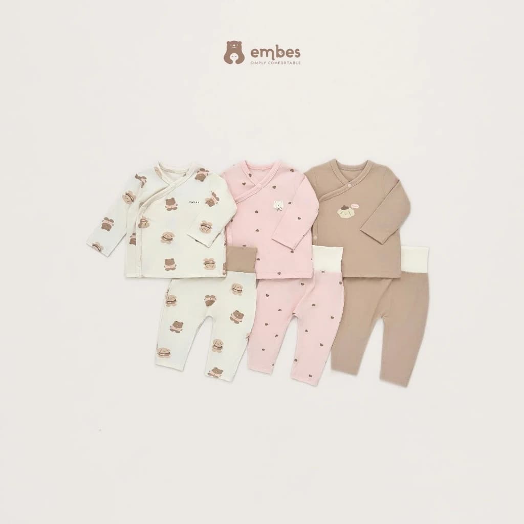 Bộ Newborn Sơ Sinh Embes, Bộ Dài Tay Cài Chéo Họa Tiết Chất Bamboo Mềm Mại Cho Bé Sơ Sinh 0-9 Tháng