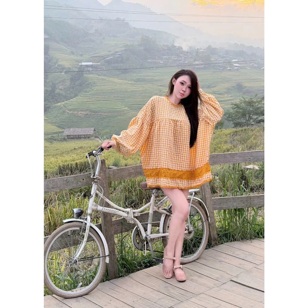 Áo váy kẻ caro phối ren dài tay dáng babydoll áo chùm mông phong cách trẻ trung thoải mái A22