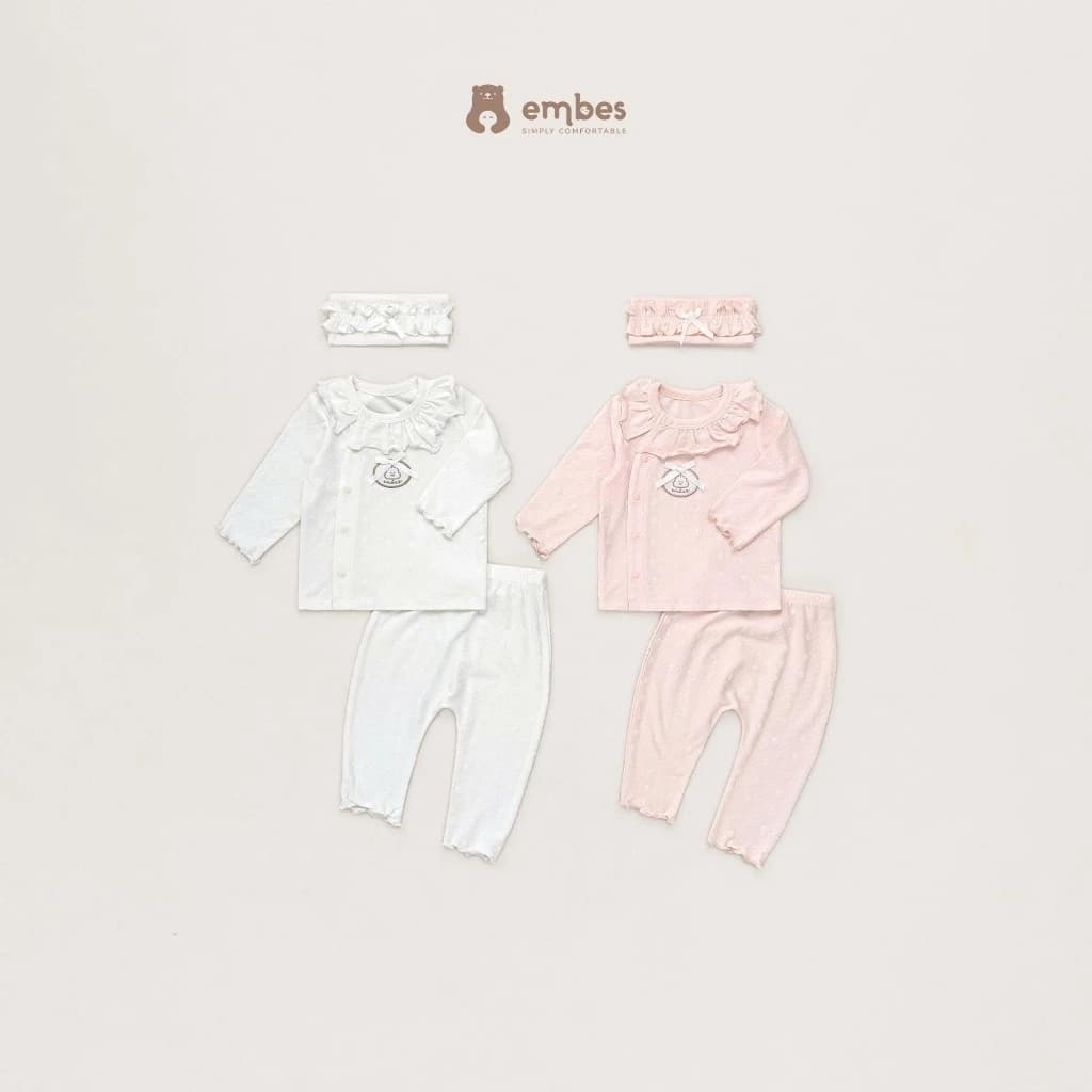 Bộ Bé Gái Sơ Sinh Embes, Bộ Dài Tay Viền Ren Kèm Băng Đô Chất Rayon Mềm Mại Cho Bé Sơ Sinh 0-9 Tháng