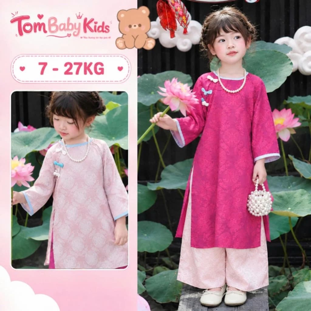 Bộ áo dài bé gái CÁT TƯỜNG, set bộ áo dài Tết, áo dài cách tân TẶNG VÒNG NGỌC, màu hồng cho bé 7-27kg Tom Baby Kids