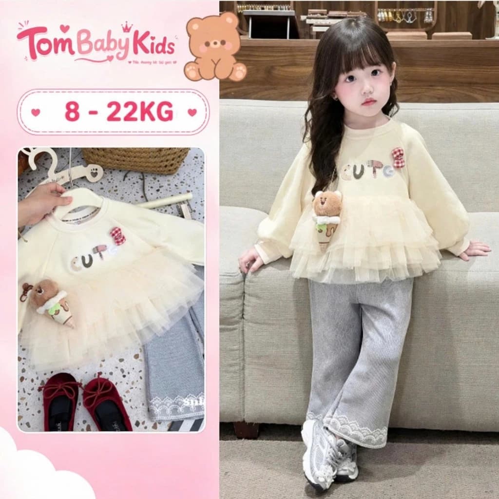 [TẶNG KẸP] Bộ nỉ thu đông phối bèo cho bé gái, đồ bộ bé gái dài tay dễ thương phối quần ống loe phong cách Hàn Quốc