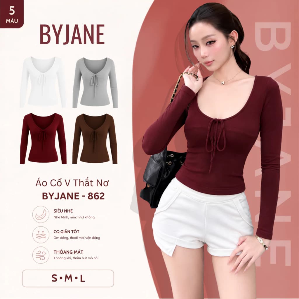 [MÀU MỚI] Áo Thun Nữ Cổ V Thắt Nơ Dài Tay Ôm Body Chất Thun Mịn Co Dãn 4 Chiều BYJANE - 862