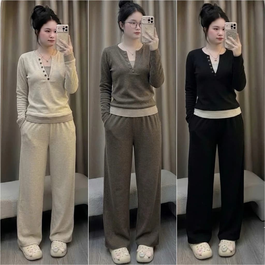 HT92. [BỘ] Sét bộ áo phối kẻ nhiều cúc. Sét chất len lông thỏ mềm, dày áo dài tay+ quần suông. Đủ size SMLXL 40kg- 70kg