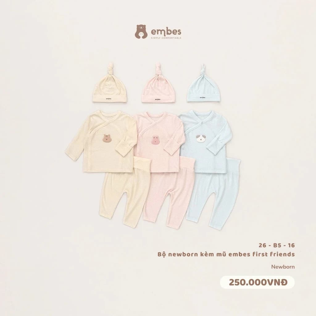 Bộ Newborn Sơ Sinh Embes, Bộ Dài Tay Cài Chéo Kèm Mũ Chất Modal Thông Hơi Cho Bé Sơ Sinh 0-3 Tháng