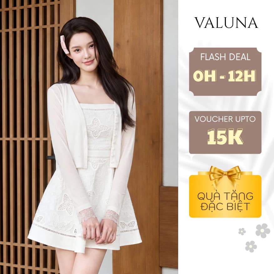 Set boy hoa ren kèm cardigan mỏng nữ tính dáng xòe tiểu thư thanh lịch đi chơi VALUNA STORE 2783