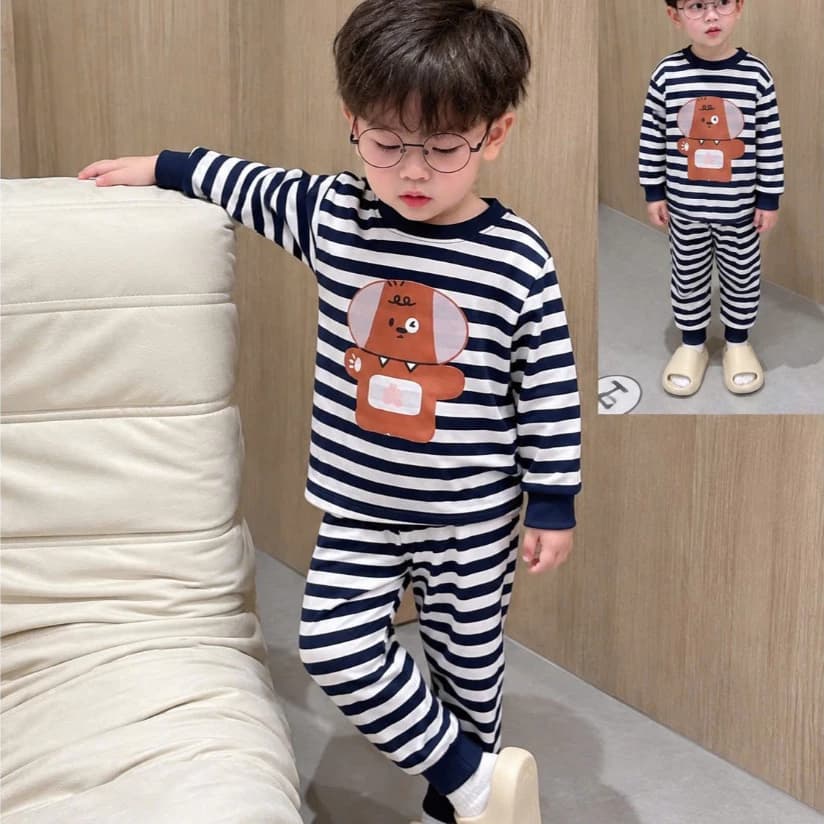 Bộ quần áo dài tay kẻ ngang in người máy chất liệu cotton cho bé trai bé gái mặc thu đông 8-18kg