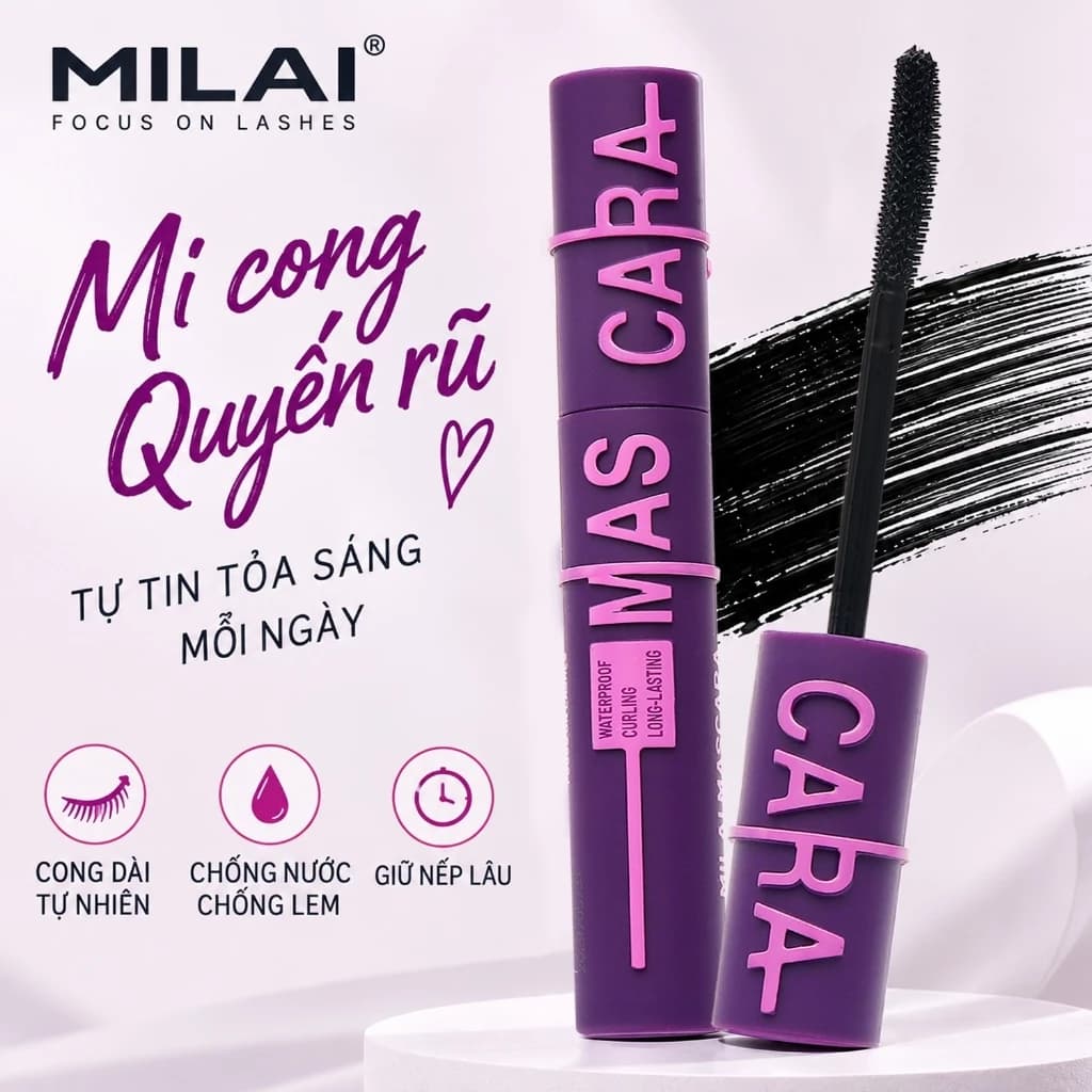 MILAI Mascara mi cong dài tự nhiên chống nước chống lem giữ nếp lâu đầu cọ silicone không vón cục