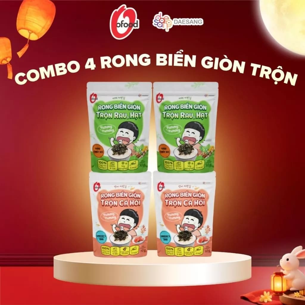[O'FOOD VN] COMBO 4 GÓI RONG BIỂN GIÒN TRỘN GIA VỊ O'FOOD – 2 VỊ, RONG BIỂN ĂN VẶT ĂN LIỀN