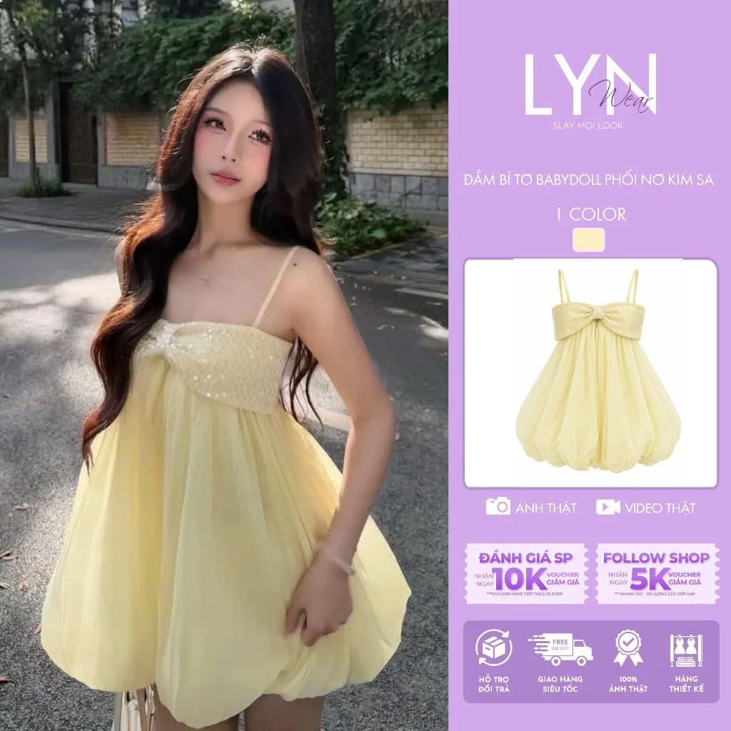 | LYN.WEAR | (KÈM QUẦN) Đầm Voan Tơ Babydoll Hai Dây Dáng Bí Vàng Phối Nơ Kim Sa