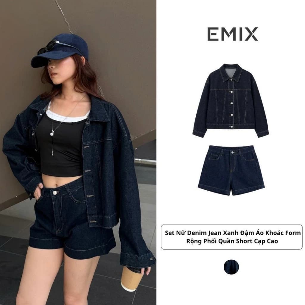 Set Nữ Denim Jean Xanh Đậm Áo Khoác Form Rộng Phối Quần Short Cạp Cao Phong Cách Cá Tính Trẻ Trung 7936/8001 EMIX