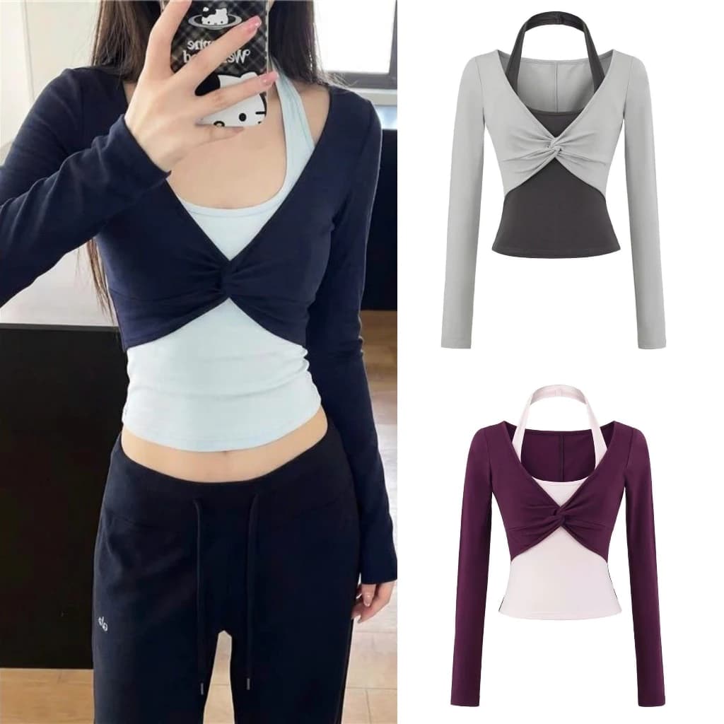 Set áo thun dài tay dáng croptop và áo yếm dáng ôm màu cơ bản mùa thu sexy - TikTik