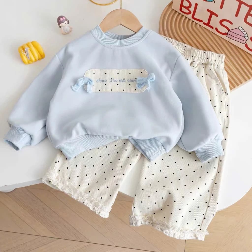 Set Đồ Bé Gái Áo Nỉ Dài Tay Phối Quần Dài Ống Rộng Chấm Bi, Bộ Quần Áo Thu Đông Trẻ Em Phối Nơ Ren Dễ Thương