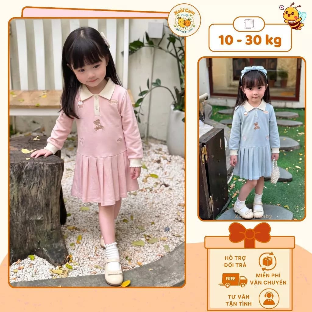 Váy Đầm Bé Gái Polo Dài Tay Cổ Đính Nơ Dễ Thương, Đầm Thu Đông Chất Nỉ Cho Bé Gái 2-8 Tuổi Đi Học Đi Chơi