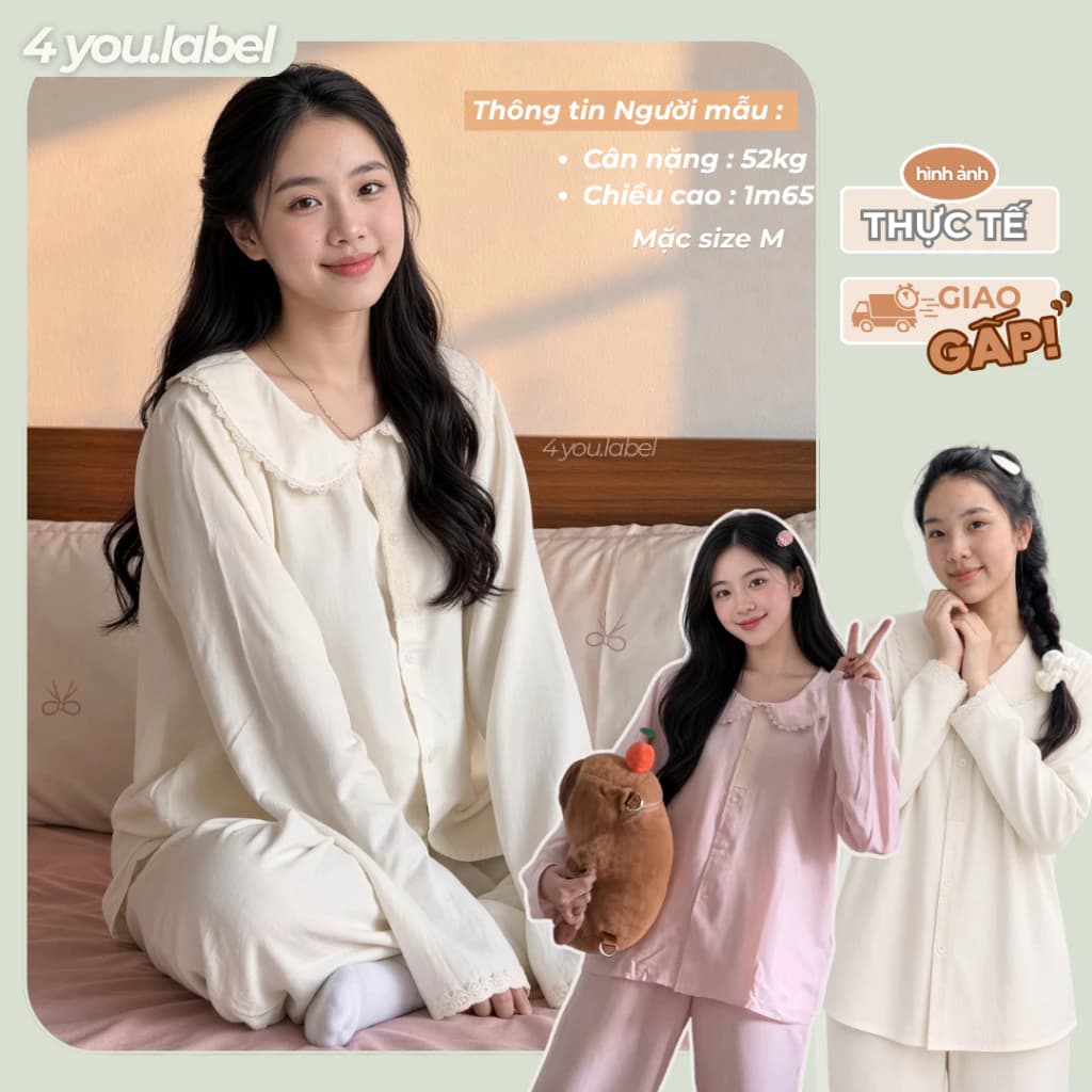 Bộ Đồ Ngủ Pijama Nữ Tiểu Thư Cổ Sen Phối Ren Nữ Tính Thanh Lịch Chất Đũi Mềm Mịn Mát BN11 | 4YOU.LABEL