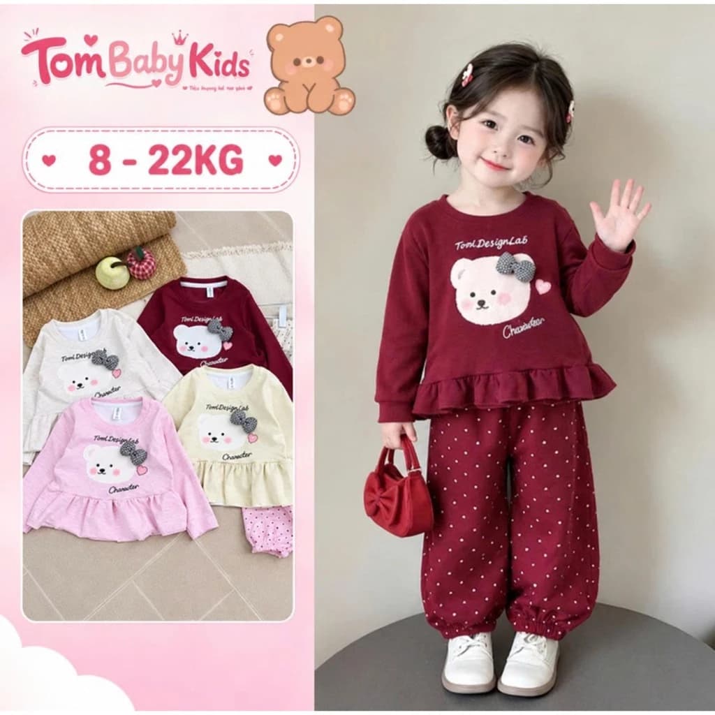 Đồ bộ bé gái thu đông, set quần áo bé gái tăm thỏ hình gấu đính nơ kẻ phối quần chấm bi bo chun cho bé 8-22kg Tom Baby