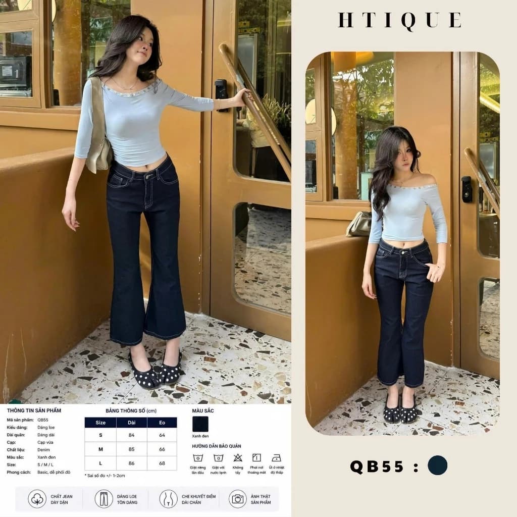 HTIQUE - DEAL mở bán Quần Jean Nữ Dáng Lửng Cạp Giữa Ống Loe, Quần Jean Ống Loe Màu Xanh Đen Thiết Kế Tối Giản QB55