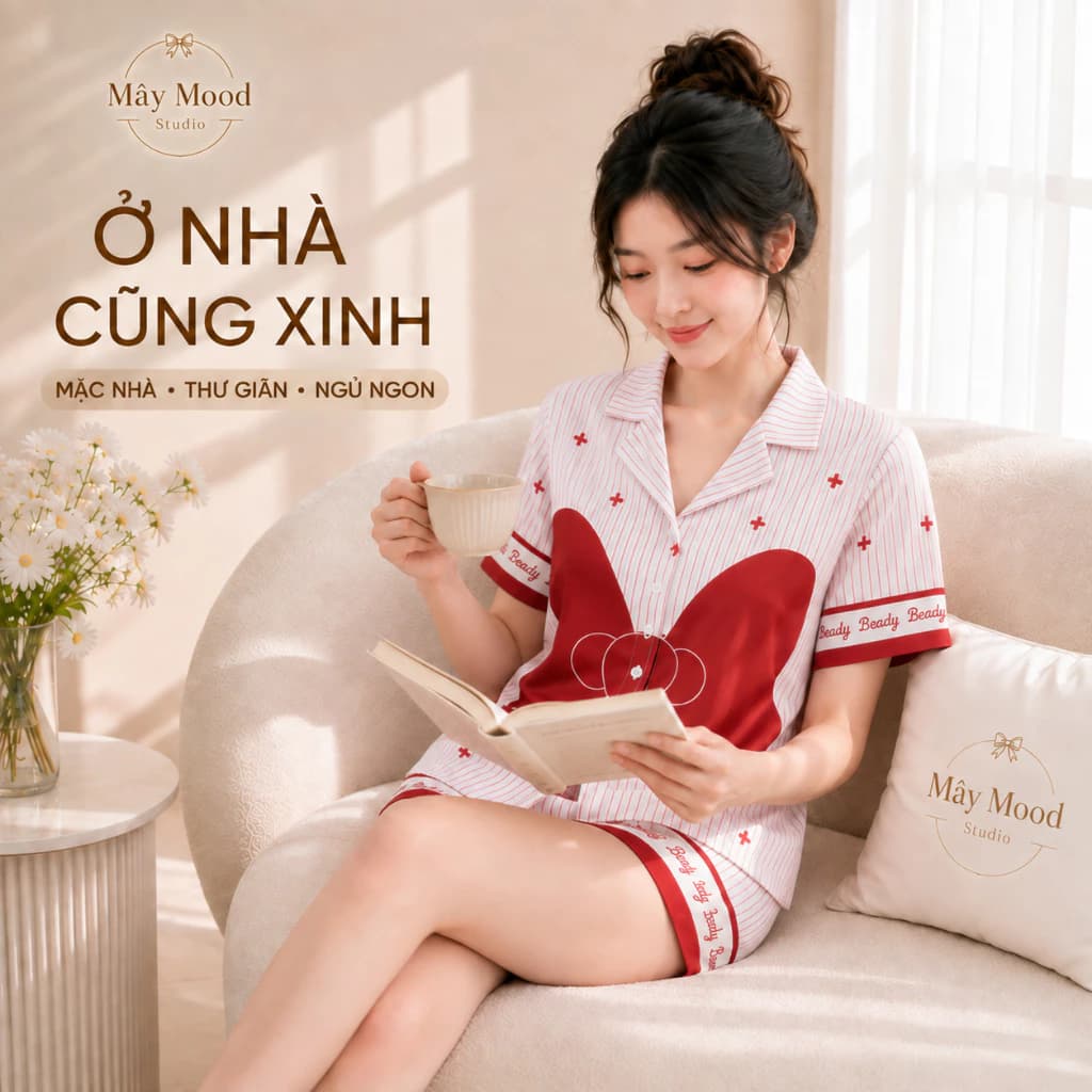 Đồ Bộ Mặc Nhà Dễ Thương Pyjama Nữ Chất Lụa Mềm Mát Họa Tiết In Hình Gấu Bông Đáng Yêu Màu Đỏ Size 40-68kg
