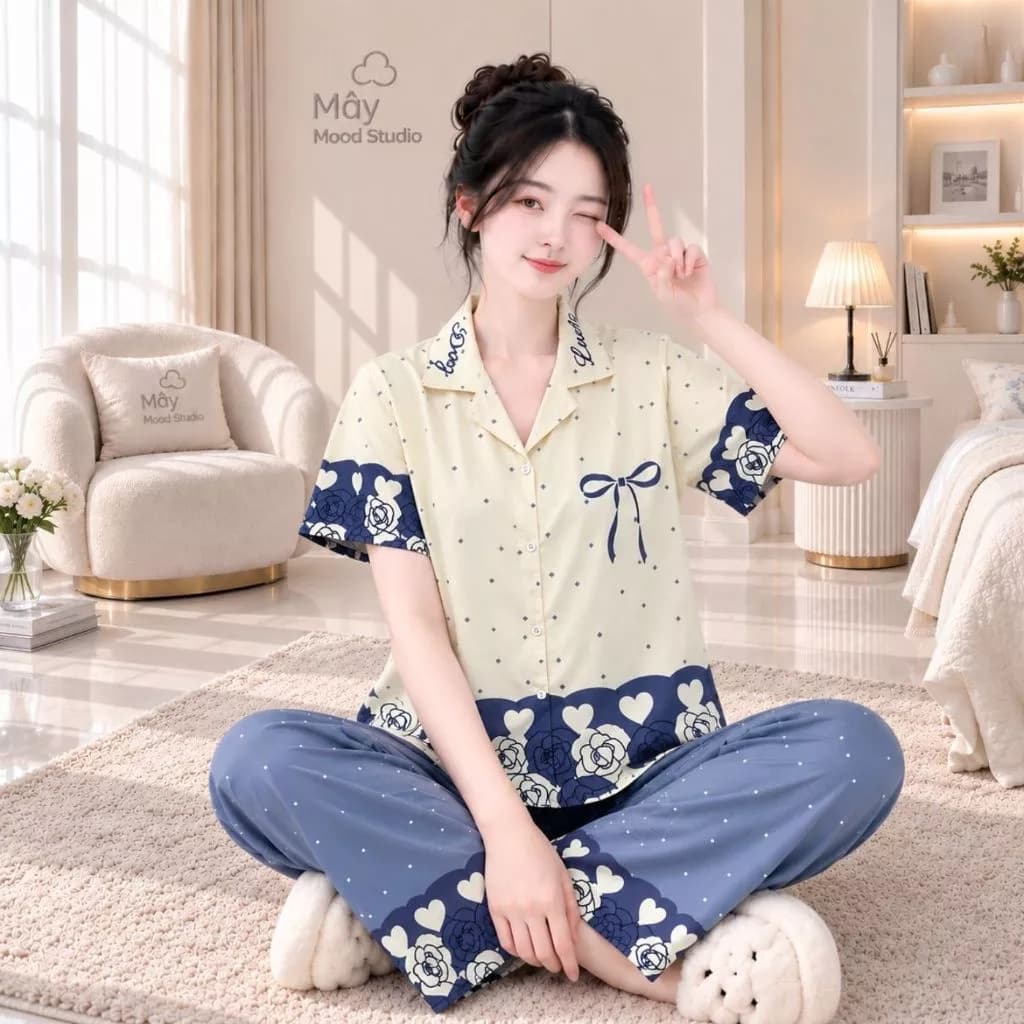 Đồ Ngủ Nữ Pyjama Lụa Cát Tay Ngắn Quần Dài Cổ Bẻ Họa Tiết Hoa – Mây Mood Studio