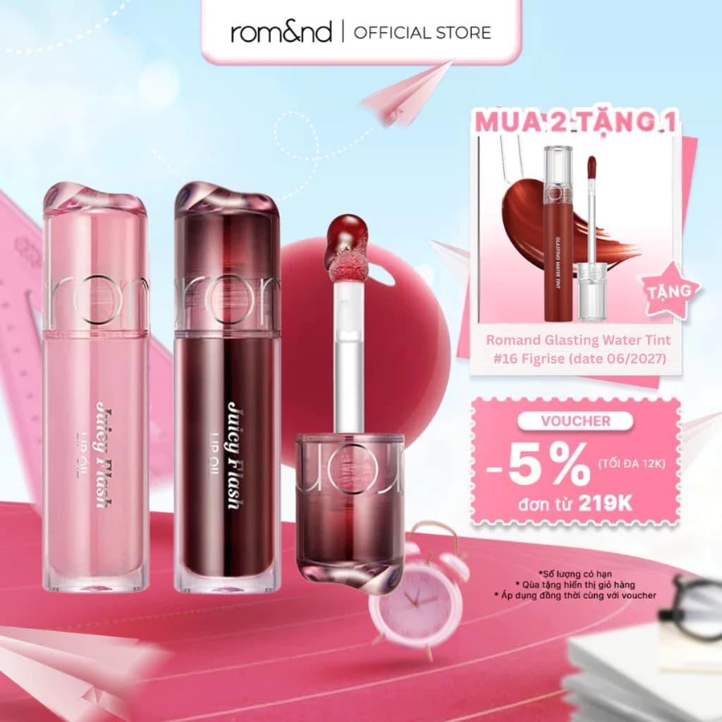 [Rom&nd] Son Bóng Dưỡng Môi Romand Juicy Flash Lip Oil Môi Căng Mọng Mềm Mượt Nhẹ Môi, Lên Màu Chuẩn